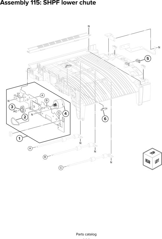 Assembly 115: SHPF lower chute parts diagram - Lexmark CX930 CX931 Parts