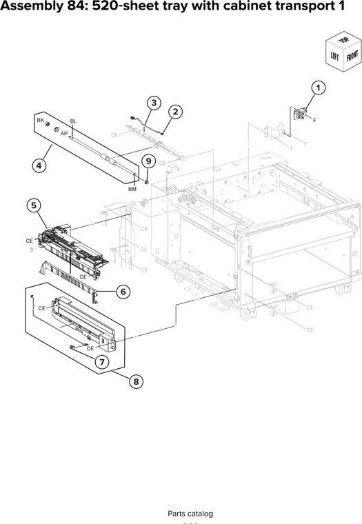 Assembly 84: 520 sheet tray with cabinet transport 1 parts diagram - Lexmark CX930 CX931 Parts