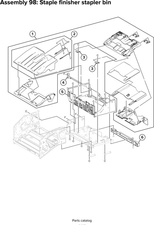 Assembly 98: Staple finisher stapler bin parts diagram - Lexmark CX930 CX931 Parts
