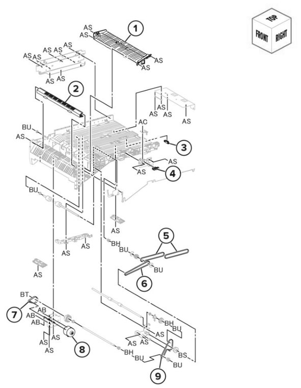 Assembly 104: Booklet finisher horizontal paper transport lower chute parts diagram - Lexmark CS943 Parts