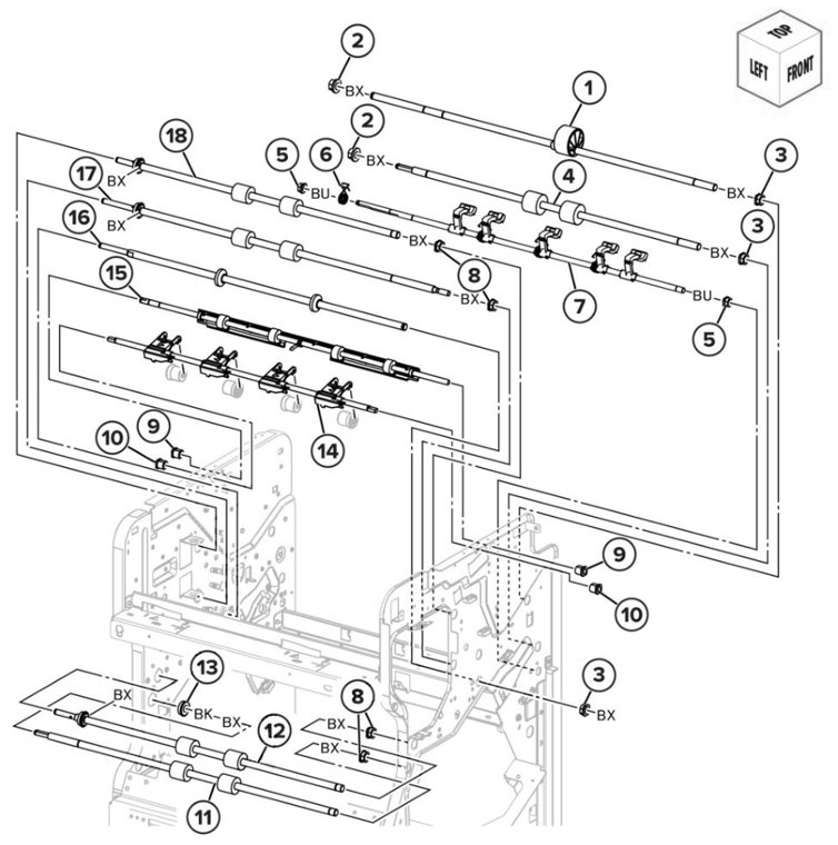Assembly 105: Booklet finisher rollers parts diagram - Lexmark CS943 Parts