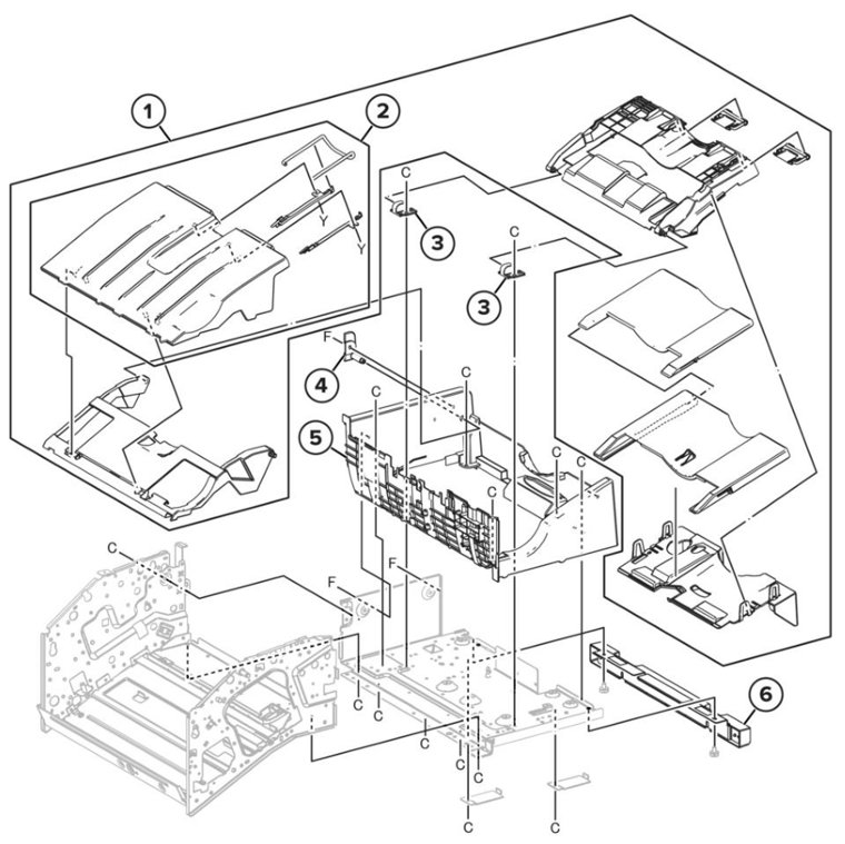 Assembly 44: Staple finisher stapler bin parts diagram - Lexmark CS943 Parts