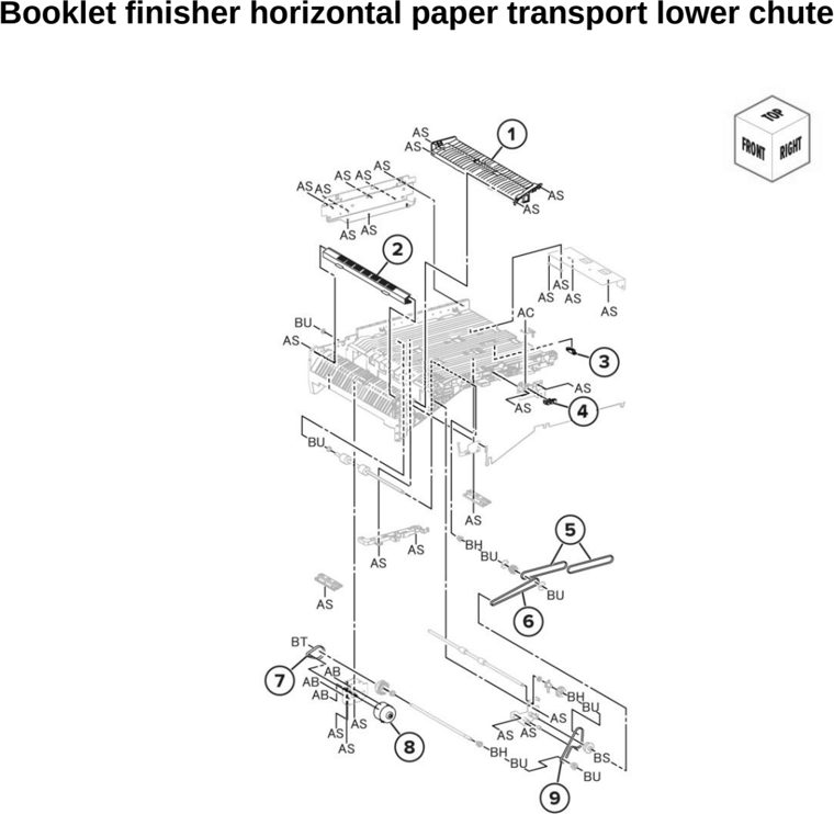 Assembly 118: Booklet finisher horizontal paper transport lower chute parts diagram - Lexmark CX942 CX943 CX944 XC9445 XC9455 XC9465 Parts