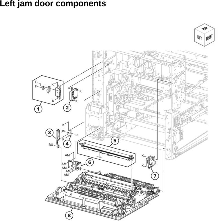 Assembly 16: Left jam door components parts diagram - Lexmark CX942 CX943 CX944 XC9445 XC9455 XC9465 Parts
