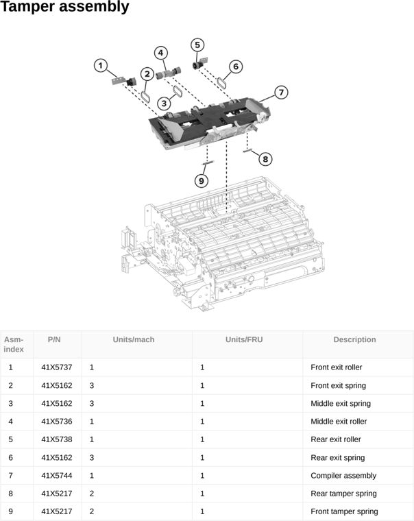 Assembly 102: Tamper assembly parts diagram - Lexmark CX833 CX961 CX962 CX963 XC8355 XC9635 XC9645 XC9655 Parts