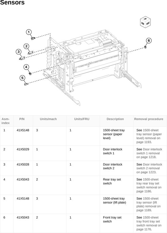Assembly 60: Sensors parts diagram - Lexmark CX833 CX961 CX962 CX963 XC8355 XC9635 XC9645 XC9655 Parts