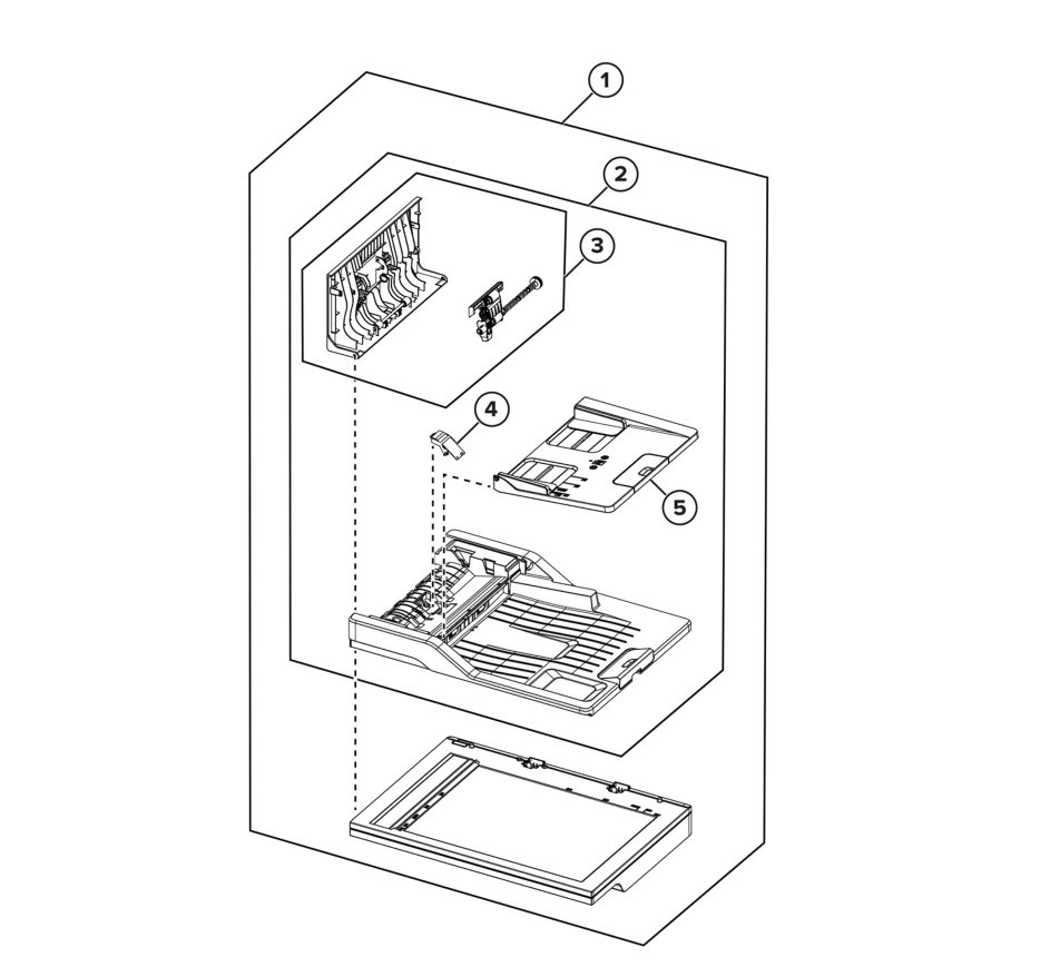 Flatbed scanner and ADF parts diagram - Xerox C245 / C255a / C303a / C305ae / XC2432 / ZC364 Color MFP