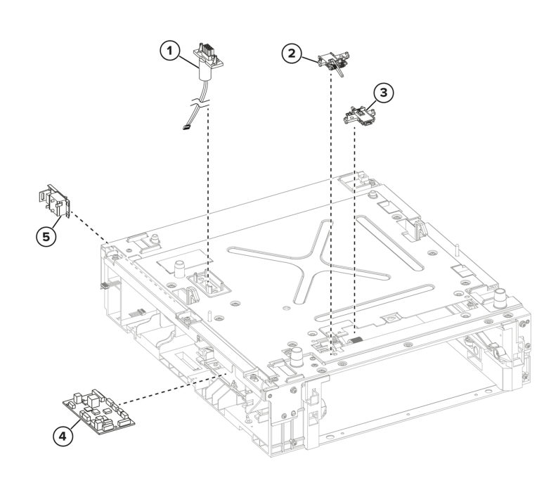 Input options – Optional 250- and 550-sheet tray assemblies – 250- and 550-sheet tray electronics parts diagram - Xerox MS731ve / MS831e / MS832e / MS833e