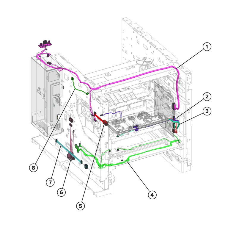 Printer – Front and left cables parts diagram - Xerox MX732e / MX733se