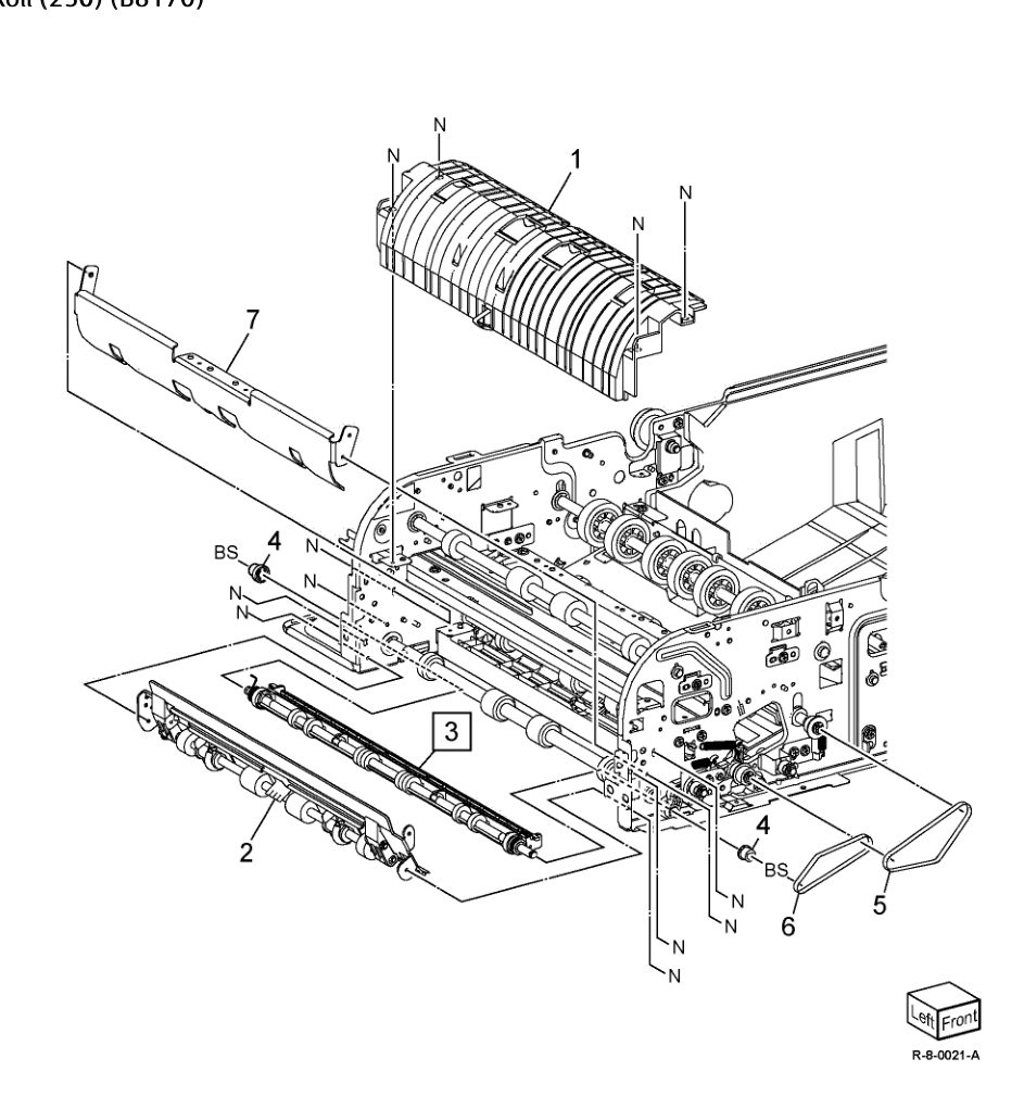 PL 5.12 Pre Regi. In Chute, Platen High Roll (250) (B8170) parts diagram - Xerox AltaLink B8145 / B8155 / B8170 / C8130