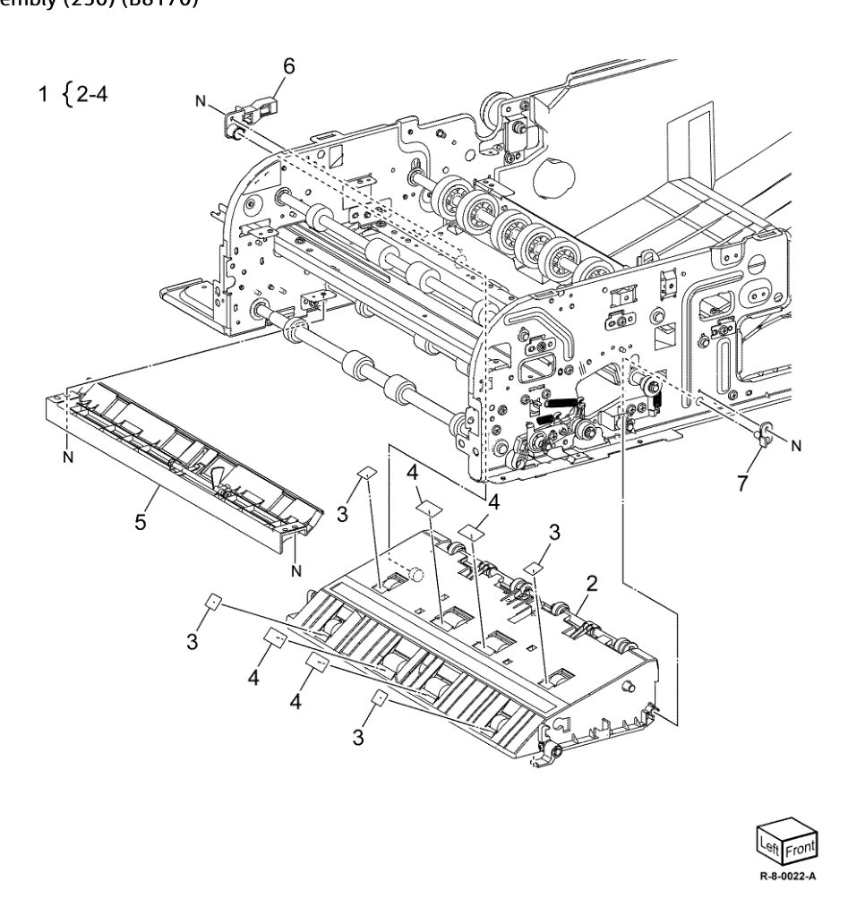 PL 5.13 Exit Lower Chute, Out Chute Assembly (250) (B8170) parts diagram - Xerox AltaLink B8145 / B8155 / B8170 / C8130